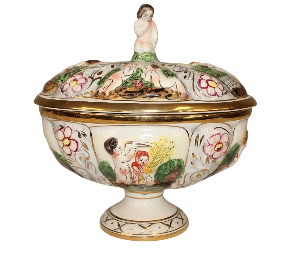 Capodimonte Porcelain Covered Cherub Floral Candy Dish VTG Pedestal Italy #77